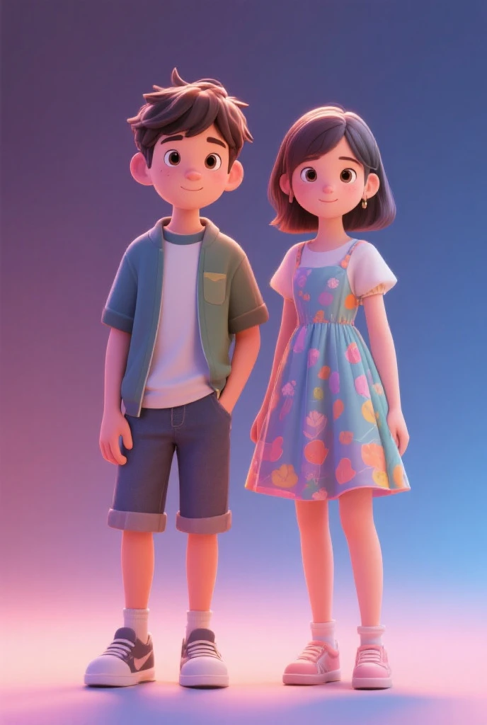 Disney pixar 3D style, (((profile view)))(((two characters in the picture))):((( a 10 years old short black hair boy wearing a light blue shirt ))) and (((an 8 years old long bluish brown hair girl wearing a pink t-shirt and denin shorts))) , laughing, looking at each other, happy and hugging each other,(background is a large iluminated green garden) ,detailed, cinematic