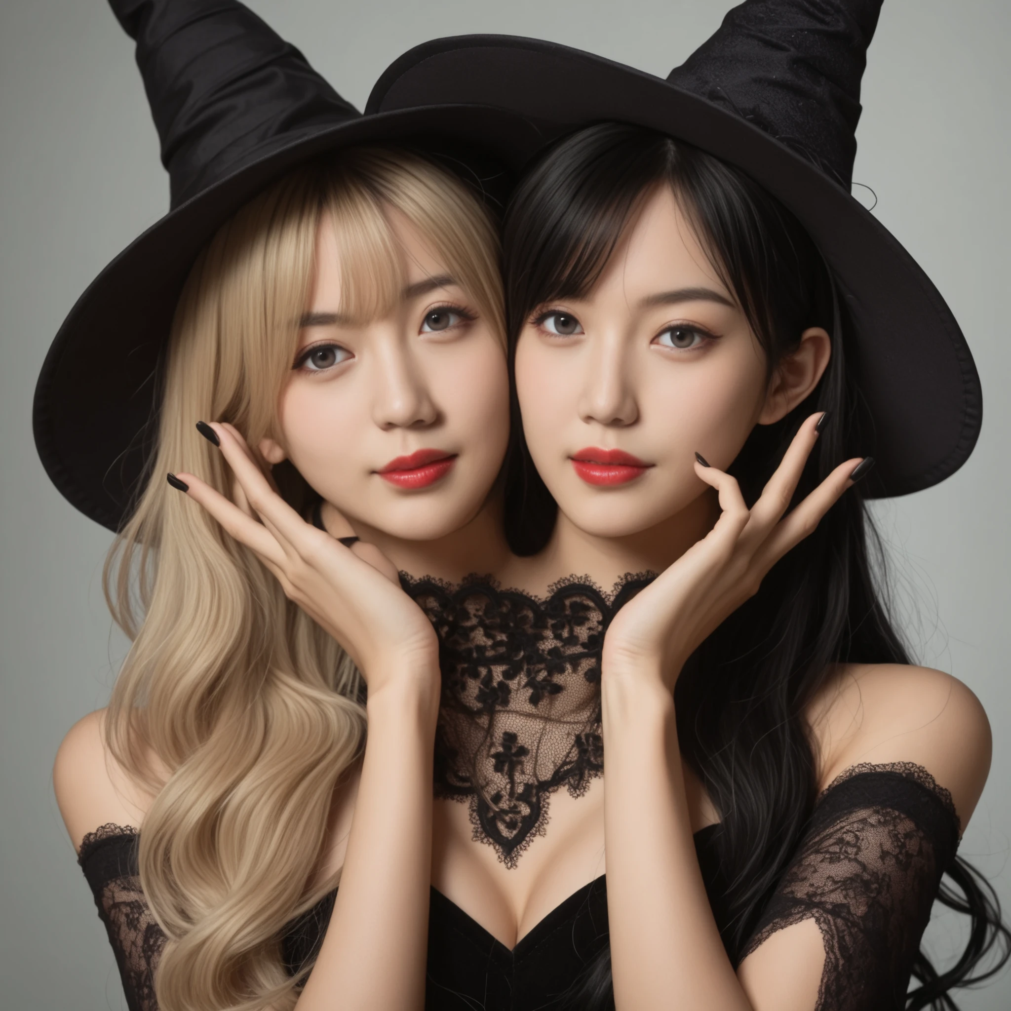best resolution, japanese woman with two heads, conjoined, neutral expression, different hair colors, blonde hair, black hair, black nails, lace, black witch hats, witch costume, detailed face, realism, deep red lipstick