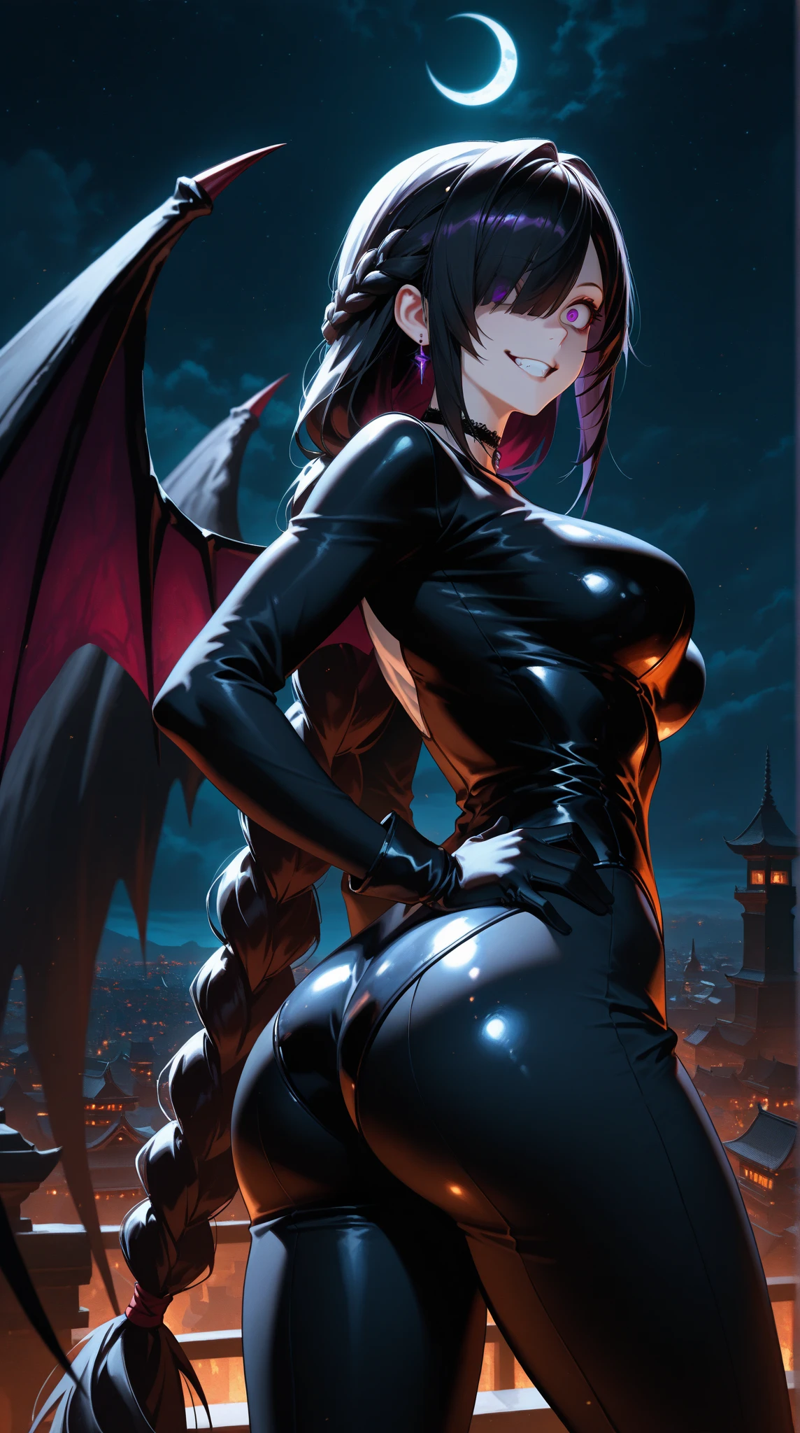 Become a,latex underwear ,Sharp claws,Succubus,The headdress is a demon eye,horn,Waist-length hair,Red eye,Squint your eyes slightly,There is a charming light in the eyes,Big breasts,Hips,Hips姿势,挺胸Hips,twin bat wings,Red eyeliner,Navel,Fangs,crotch tattoo,fishnets body stocking,Twisting posture,Place your left hand on your chest,Beautiful curves,crotch tattoo,8k,best quality,Outline the shape of the genitals,Nipple protrusion,Tighten the genitals,The eyes lose their highlights,Solid color eyes,Empty eyes