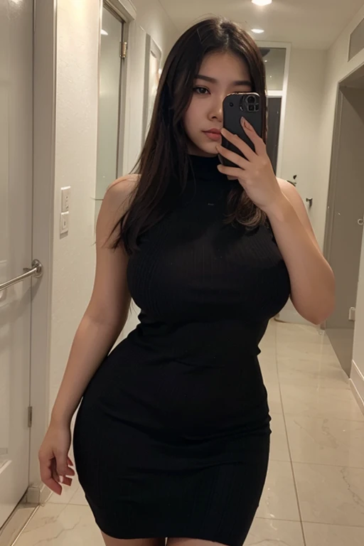 araffe woman in a short black dress taking a selfie, she has a jiggly fat round belly, thicc, her belly is fat and round, middle body shot, thick body, she is facing the camera, thick thighs, exposed thighs!!!, round thighs, thick, low quality video, showing her face, revealing clothes, Big tits, huge , no clothes, sexy, cute, wide hips, thick thighs, pear-shaped body, minimal clothes, thick, bbw, chubby stomach, thick nipples, nipple piercings, large areola, hard nipples, piercing through shirt, nipples hard through shirt, naked