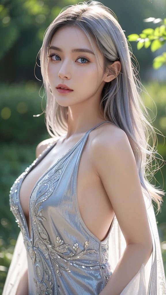top-quality、8K Masterpiece、超A high resolution、(Photorealsitic:1.3)、Raw photo、1人、a 20 yo woman,pretty silver hair、Extremely precise glowing skin、1 Cyberpunk Super Beauty、((super realistic details))、portlate、globalillumination、Shadow、octan render、8K、ultrasharp、tiny chest、Raw skin is exposed in cleavage、metals、cold color、、highly intricate detail、Realistic light、CGSoation Trends、Beautiful eyes、radiant eyes、Facing the camera、neon details、,sexypose、Rear standing view,Wheat-toned skin,Sun oil