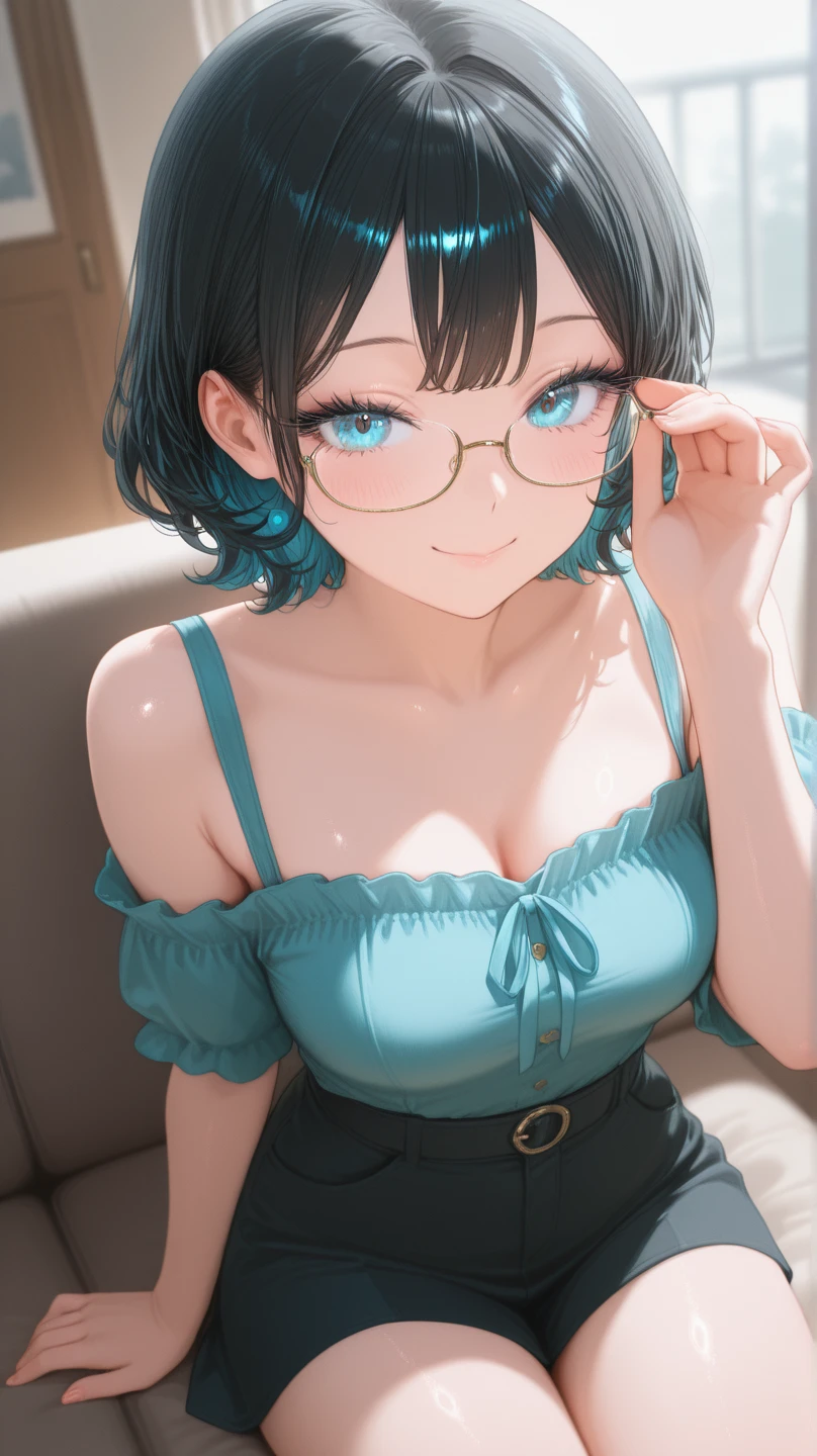 highest quality、Realistic、Women、zoom、Cobalt blue eyes、maroon short hair、Hero Suit、Glossy white bodysuit、Blue and silver accents、lingerie、slender、Dark Skin、Glasses、Japanese-style room、Moonlit Night、Summer blanket、An inappropriate smile、Bust Shot、