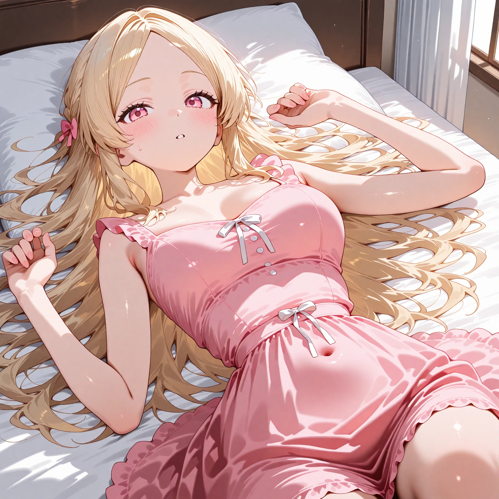 1 girl, orange long hair، light orange eyes, wear pink and white weet babydoll lingerie, wait in bedroom,