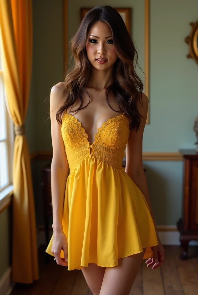 19yo woman, coed, adult woman, sundress, tight dress, very short summer dress, detailed wavy brown hair, barefoot, full body, exterior French countryside, soft lighting, slim and skinny body, slim figure, she is waiting for her lover, delightful expression, tan skin, cute pose, sunset, golden hour, hand in her hair, coy grin,