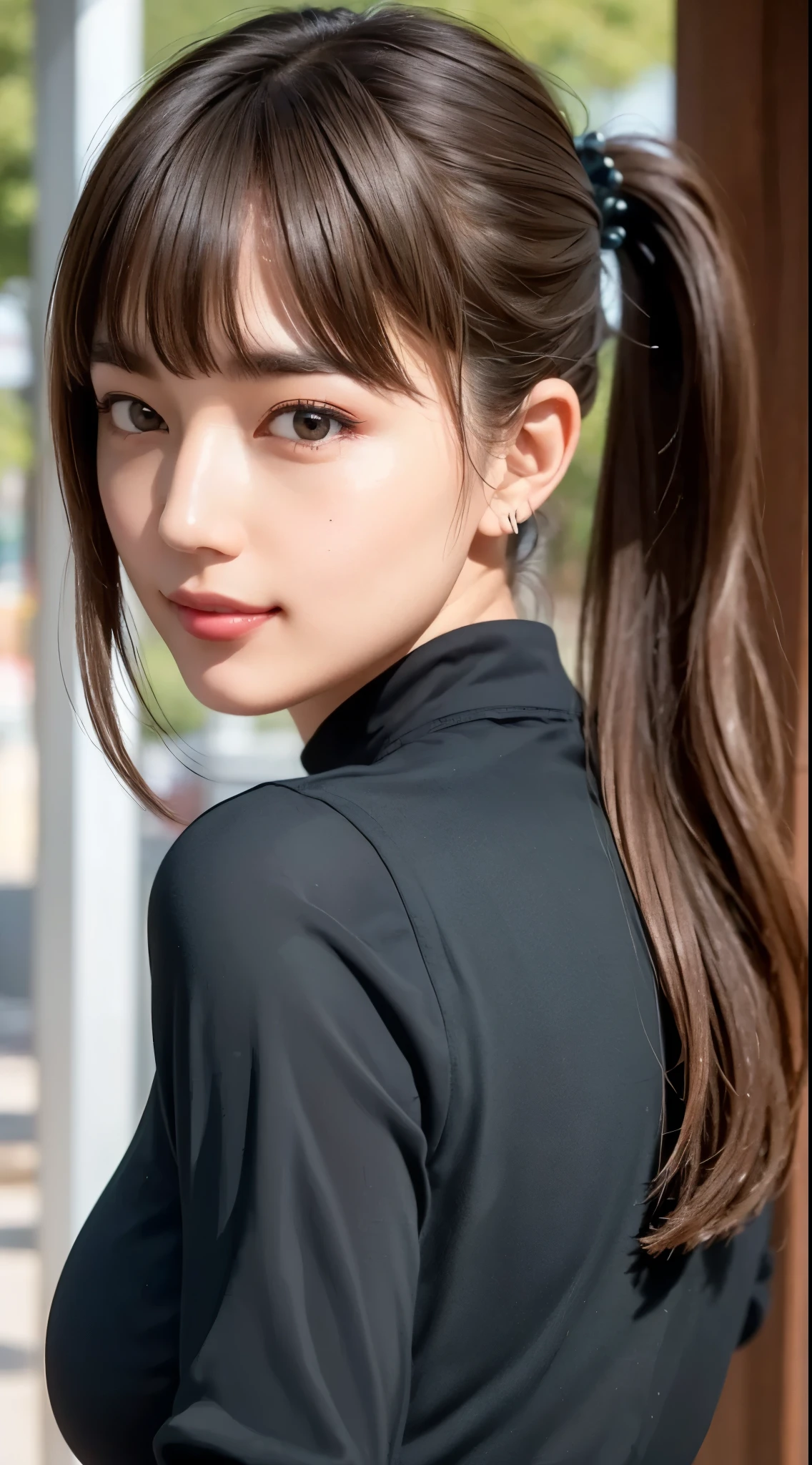 (masterpiece:1.2), (In 8K、Ultra High Definition、ultra high definition、Ultra HD、超realisticな、best quality), (realistic - photo ), high definition RAW color photo, professional photography, Natural sunlight, Soft Shadows, (realistic:1.3), A woman in winter clothes、1 person, Perfect Anatomy, She、and my back is turned, She、looking back up the ladder, (She、butt at a man's anus), poster quality, (high definition face and skin texture, shiny skin, oily skin, Strong gloss), (face close-up:1.1), profile, male wolf, Attractive Faces, (Makeup is、none), (No makeup:1.2), She、is smirking, (glares at viewers), staring at the viewer, (big shiny eyes:1.2), detailed eyes, beautiful eyes, Dark Eyes, (long、Eyelashes), 黒色Eyelashes, hot button, long hair, (とてもlong髪), (ponytail), tied hair , (hair ornament on head), hair accessories, black hair, detailed hair, anatomically accurate neck, natural short neck, Natural neck, (Her big bust、droopy:1.2), anatomically accurate breasts, huge breasts, saggy breasts in the cleavage, Deep-Chest Valley, anatomically accurate hands, flannel clothes, red tunic, long sleeve blouson