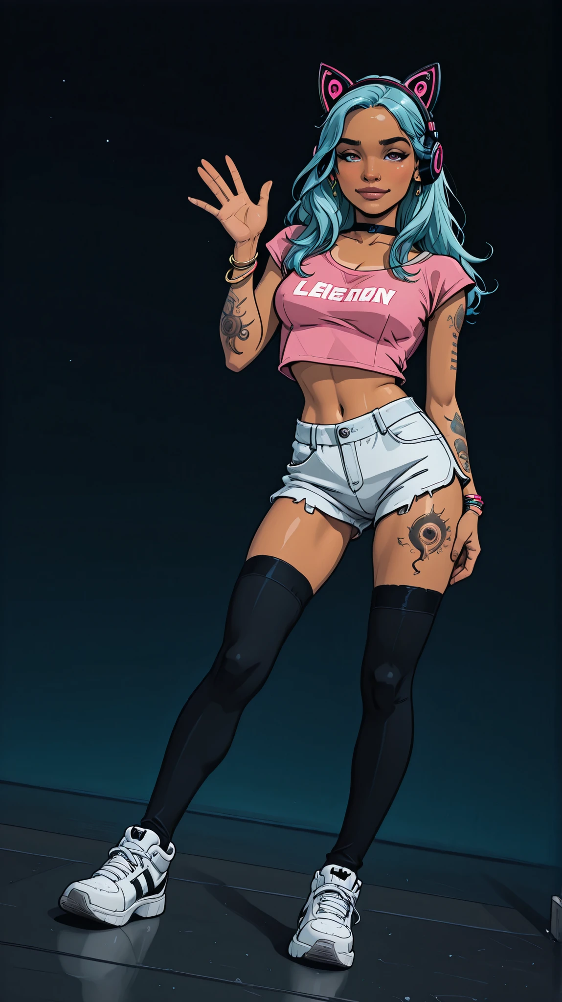 Solo, 1girl, High Resolution, Long Hair, medium Breasts, lightblue hair, dark background, manga Style, naughty look, black cat headphones, full body, bracelets, earrings, thigh tattoos, arm tattoos, High Details, dreamy, neckband , naughty posing, tanned, lean body, black thigh high socks, dutch angle, standing, legs slightly spread, white jeansshorts, pink loose crop top, white sneaker, looking at viewer, blushing, slightly smiling, jewellery, waving with hand