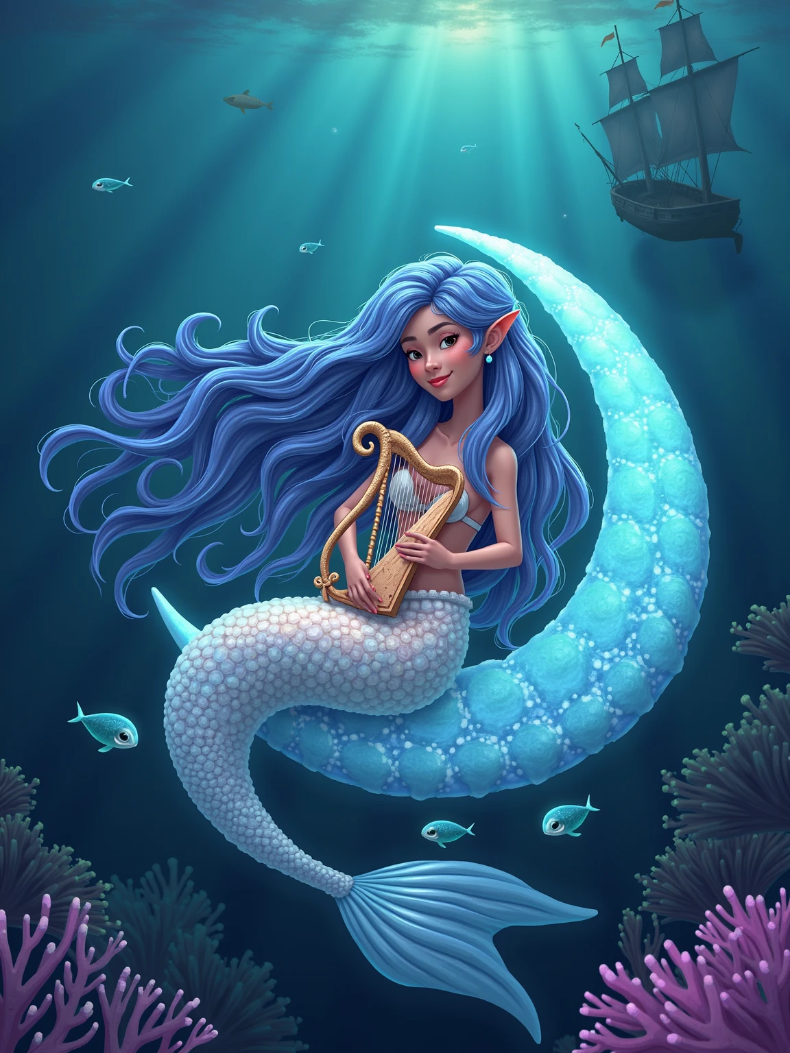 mermaid riding a squid, sunken ship --auto --s2