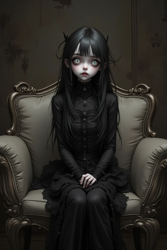 1porcelain doll, low long twintails with white rose, black hair, detailed face, ((emotionless expression)), ((lifeless)), plain white skin, plain white eyes, long eyelashes, (gaze down), black eye liner, white face makeup, gray lipstick, black leather jacket, detailed jacket, (white ornate), (dark horror theme), cold lighting, white lighting, (dust), sitting lean on the wall, (tilt head), (sitting in dark alley), porcelain doll, (masterpiece:1.2), super detailed, best quality