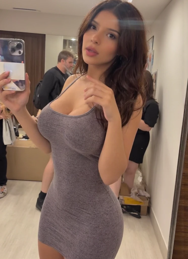 Beautiful 26 years old woman, 170cm high, 60 kg weight, white skin, long curly dark hair, green eyes, hairstyle, wearing black cherry print front knot dress, heels, looking to somewhere else, (((mall))), close to the window, surprised, natural morning light, realistic portrait, highly detailed, analog style, deep cleavage, breast, nipple, (((full body))),