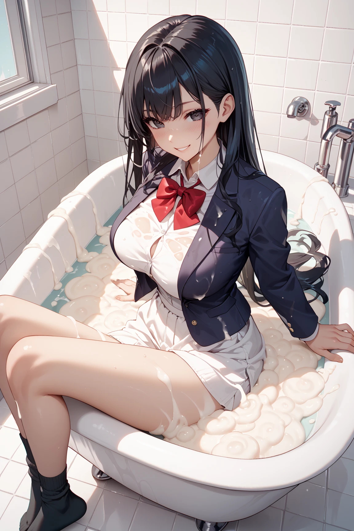 A girl,Lying in the bathtub,Bath,twintails,Long hair,Black Hair,((transparent)),Towering breasts,Sailor Suit,Off-shoulder,Slim waist,Smooth legs,blush,Wet clothes,A very large bathtub,