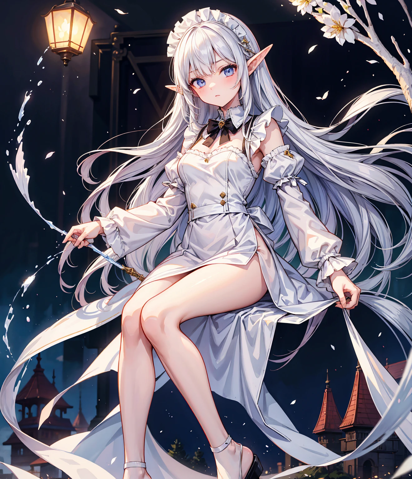 
White Hair, Long Hair、Red eyes ,Blue eyeshadow, One Girl, alone, , Earrings ,Show Viewer, blush, , long white elbow satin gloves, Clothing covering the chest Jewelry, very, A kind smile, Long white elbow gloves, White gloves, 、whole body、sexy、Knee-high socks、Sweaty。High resolution、8k、Attractive legs、Brown Skin Elf
