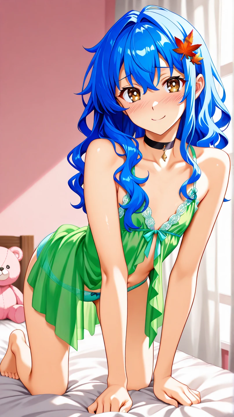 (masterpiece:1.1), best quality, NSFW,
1girl, (80s anime style:1.3), (eyelashes:1.5), (loli:1.1),
(intricate high detailed body:1.2),
green hair, (hair between eyes:1.1), (twin braids:1.1), (streaked hair:1.2),
green eyes, (lip stick:1.2),
slender body, huge breasts,
(happy, smile:1.2),
neckwear, (white lace leotard with sleeves:1.1),
see-through clothes, jewelry,
(cowboy shot, looking at viewer, from front:1.1),
in royal palace,