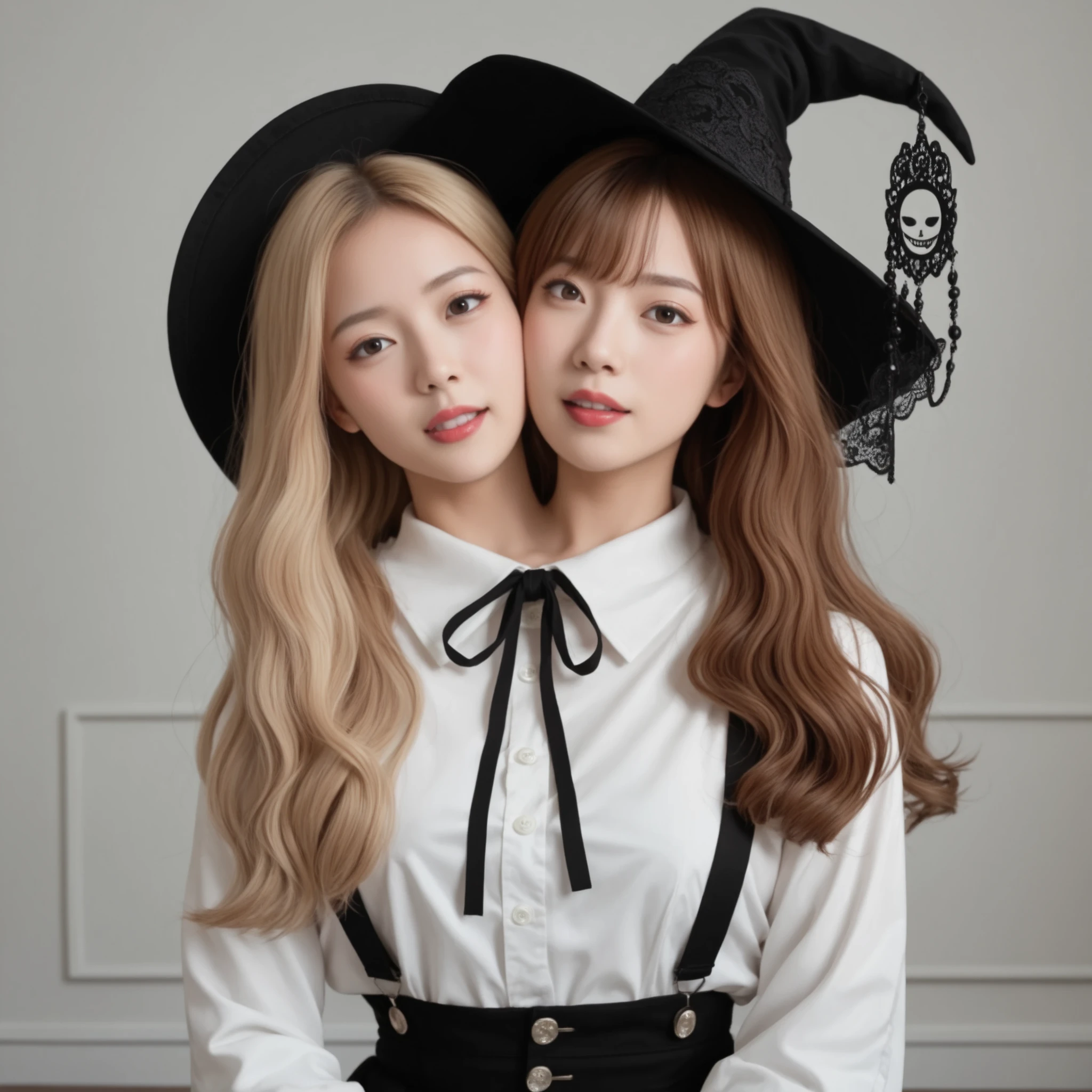 best resolution, japanese woman with two heads, conjoined, slightly open mouth, blush, neutral expression, different hair colors, blonde hair, brown hair, lace, black witch hats, ribbon , white button shirt, black overalls, detailed face, realism, deep red lipstick, white wall background