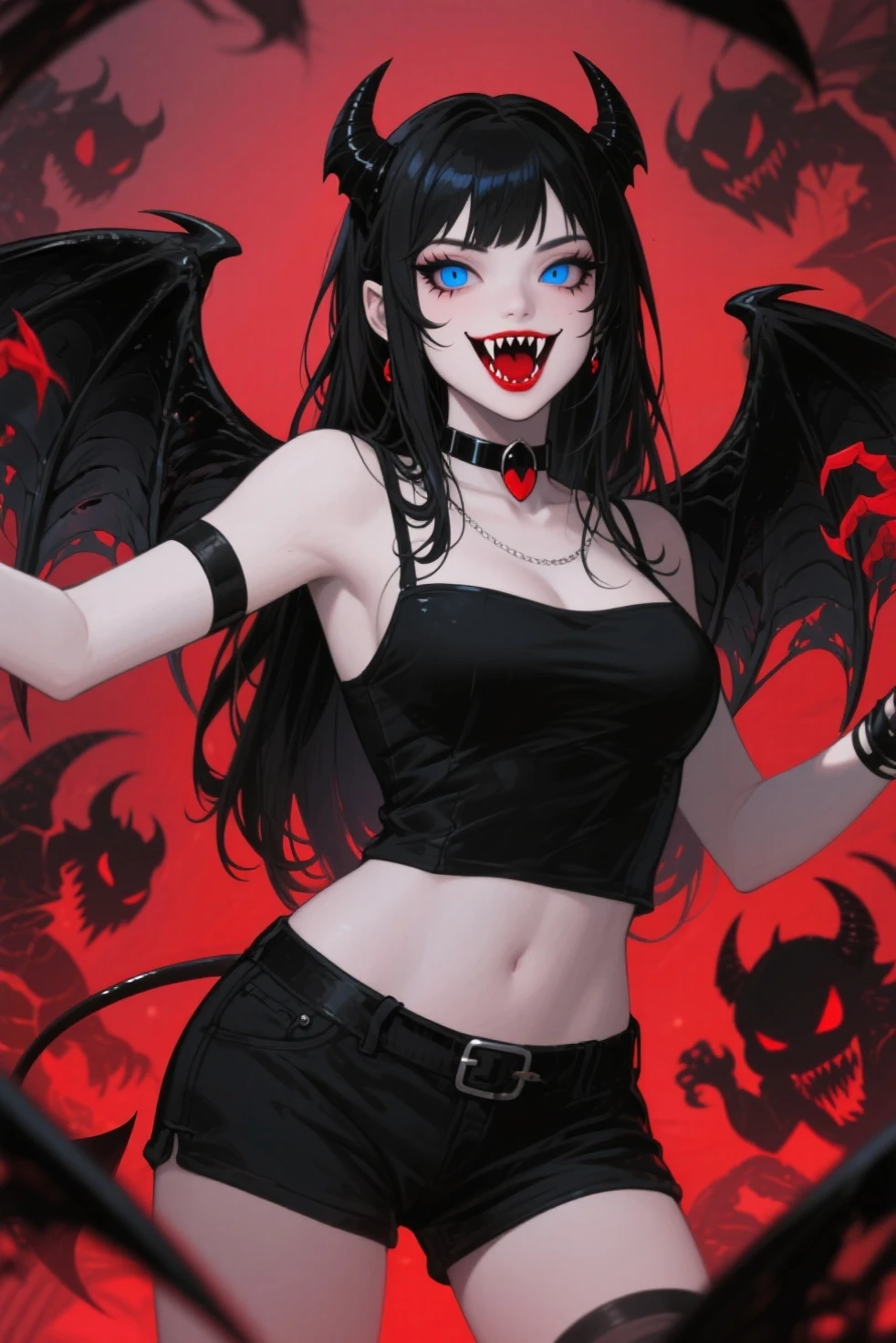 punk rock demon woman with long black hair, sharp teeth, glowing red eyes, bat wings on back, ram horns, hazbin hotel