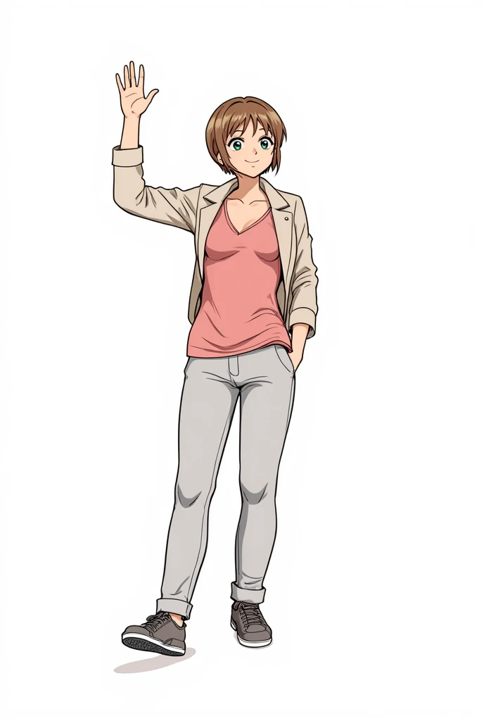Pretty Girl,  beautiful hair, casual,  minimalist clothing , THIN GIRL, cute bangs,,  comfortable clothing, manga anime,  Women,blouse, High Quality, elegant jacket , winter colors ,  simple , winter outfit, aesthetic , smile, clothes casual ,high resolution,  Anatomy detail ,sneakers, slightly elegant  