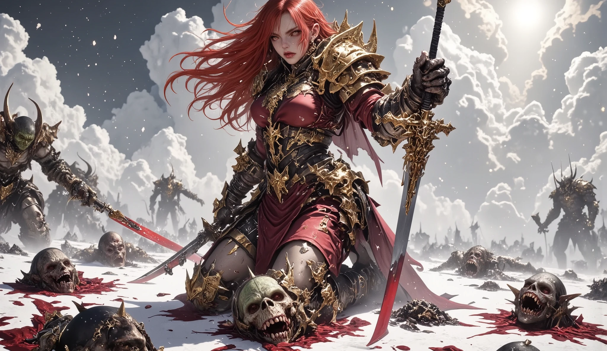 heroic female warrior, long red hair blowing in strong wind, kneeling on snowy battlefield, golden and crimson armor with fur trim, layered shoulder plates, leg guards, gripping sword firmly, surrounded by three aggressive (orcs), several dead orcs lying in blood-stained snow, dramatic light from upper right, dynamic swirling snow, epic and hopeful atmosphere, high-detail, fantasy realism, dramatic shadows and highlights