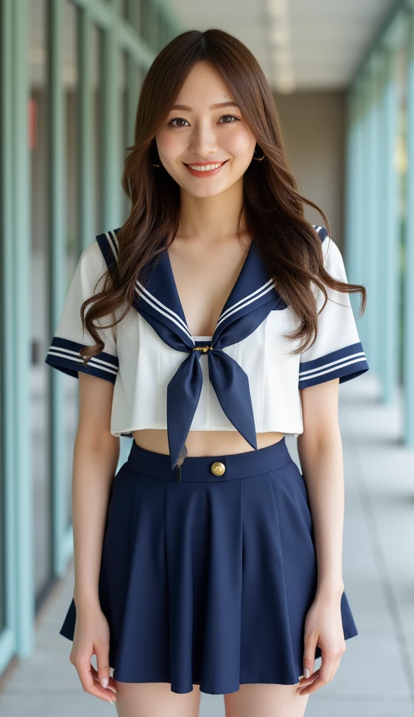 Neat 、(school uniform、Sailor suit、Ribbon knot at chest、Summer clothes、The upper body is white、The skirt is dark blue)、Off-field、(Slime)、Realistic、detailed, Skin Texture, 超detailedな、Delicate and sexy collarbone、Laughter、非常にdetailedな顔、detailedな唇、detailedな目、Small breasts、Smaller chest、mall、Flat Chest、Accentuate your breasts、Bright Face、((Are standing、 uniform、White panties visible through the skirt、Sheer white shirt、dark blue ribbon at collar,、Dark blue pleated micro mini、Slightly lift the hem of the skirt with both hands,,,,))