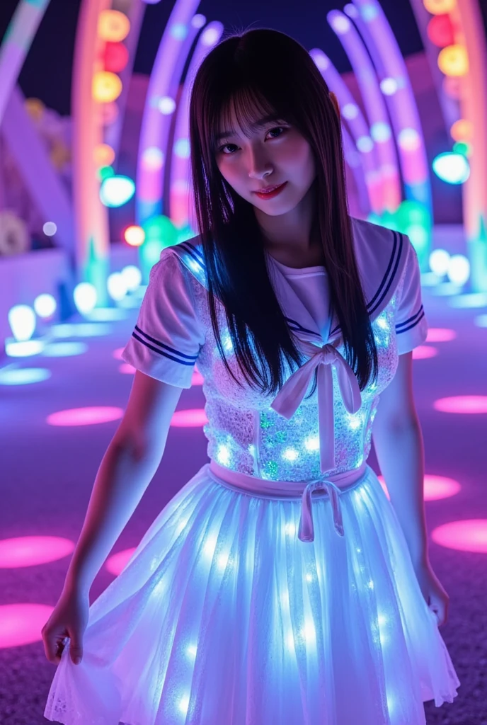 (highest quality, 8k wallpaper),  masterpiece, Japan，super realistic, Music Festival, Dome Live,  Idol Girl，luminous sailor skirt, Many colorful spotlights illuminated her, (The big screen showed an idol, her figure on the big screen:1.3), 50,000 viewers filled the venue, enthusiastic audience waving their glow sticks together.Extremely bright resonating glow and shine reflect off glass dress.  Japansese young woman, very attractive, tall, long hair, dress is glowing from within. She faces the viewer, slight smile, eye contact, Incorporate perfect symmetry and rotational symmetry, psychedelic dream, vibrant colors shimmering, perfectly formed symmetrical spheres and glowing reflective bubbles, extreme attention to detail on the bubbles and spheres, rainbows of color twist out of translucent orbs, spilled paint and spirals of swirling color in the background, beautiful psychedelic digital art, pixel art, neon colors, 4d mandelbulb psychedelics, glass-like psychedelic landscape, intricate rainbow environment, psychedelic underwater brightness, trails of color and light, bright fluorescent colors, psychedelic vibrant colors, bright psychedelic neon colors, colorful paint drips out of the bubbles, 3D glass spheres melting into each other spilling out colors, visually disorienting, hallucination inducing, optical illusions, startling, stunning images, awe-inspiringly, best quality wallpaper,  Pixel Assets , portrait photography, surrealism, photorealistic, hyper detailed, glass morphism, digital art, sparkle, optical illusion, glowing light, reflection light, overexposure, god rays backlighting, depth of field, rotational symmetry, UHD, high details, high quality, super detailed, best quality, award winning, Masterpiece. Spheres reflecting light everywhere and it brings out images and optical illusions for the viewer's disorienting experience of looking at it. Super bright neon Colors.  incorporate bright neon green, neon blue, neon purple, neon yellow, &blood red Extreme glow and shine reflect off