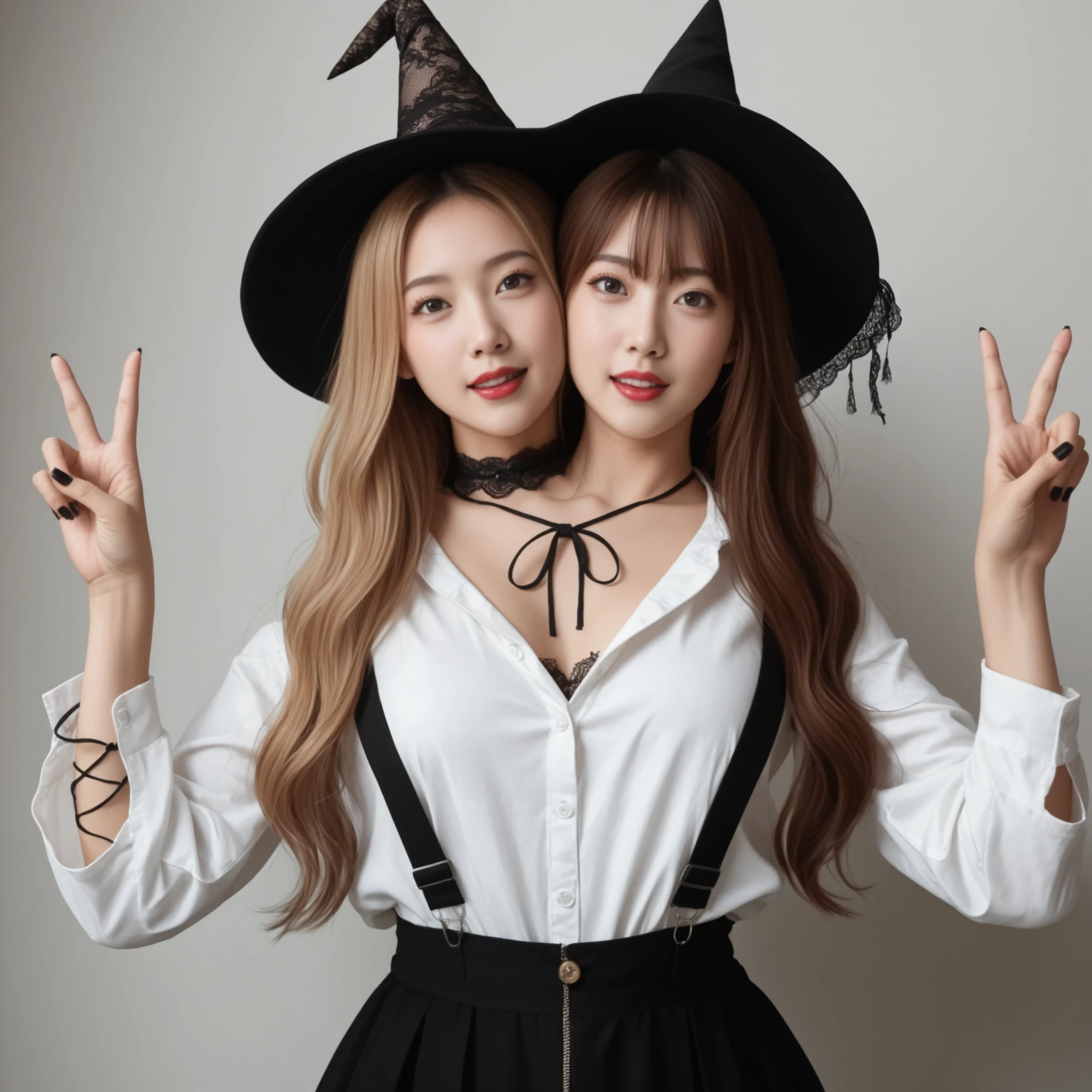 best resolution, japanese woman with two heads, 2girls looking at each other, conjoined, slightly open mouth, blush, neutral expression, different hair colors, blonde hair, brown hair, lace, black witch hats, ribbon , white button shirt, black overalls, lace, black nails, peace sign hand gesture, lac choker, detailed face, realism, deep red lipstick, white wall background