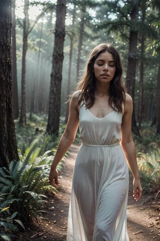 Amidst the tranquil cedar forest, there stands a woman with a radiant countenance. Sunlight filters through the lush canopy, casting a warm glow on her face. Her soft, silken skin is kissed by the gentle rays, illuminating her features and highlighting the natural beauty of her complexion. Her hair cascades in gentle waves around her, complementing the earthy hues of her surroundings. The sunbeams dance upon her, creating a mesmerizing spectacle that speaks of peace and harmony with nature.