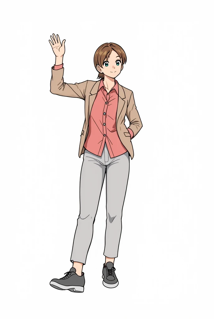 Pretty Girl,  beautiful hair, casual,  minimalist clothing , THIN GIRL, cute bangs,,  comfortable clothing, manga anime,  Women,blouse, High Quality, elegant jacket , winter colors ,  simple , winter outfit, aesthetic , smile, clothes casual ,high resolution,  Anatomy detail ,sneakers, slightly elegant  