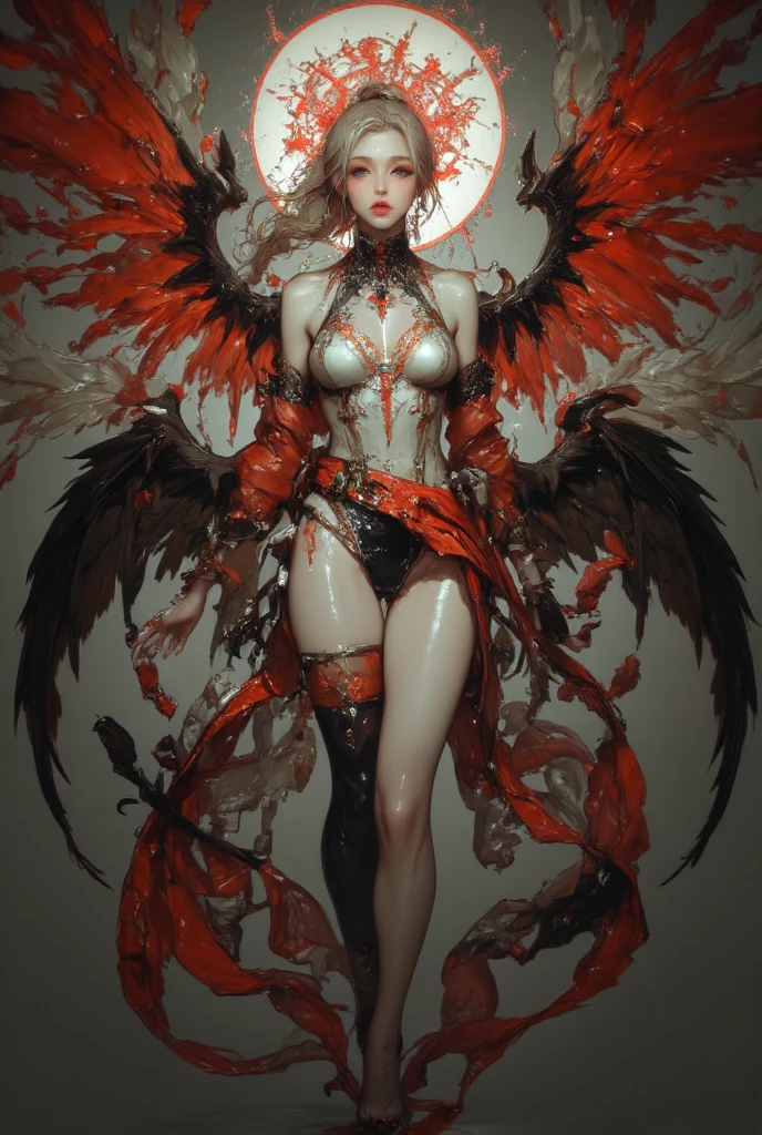 Fine matte painting, skeleton dark angel big wings haunted castle on drawing table full of knives, horror, spookiness, scary, secret horror, tentacles, vines, eyes, uncanny valley effect teeth, limbs, animals, blood moon，high-heels，8K，Supermodel Angel