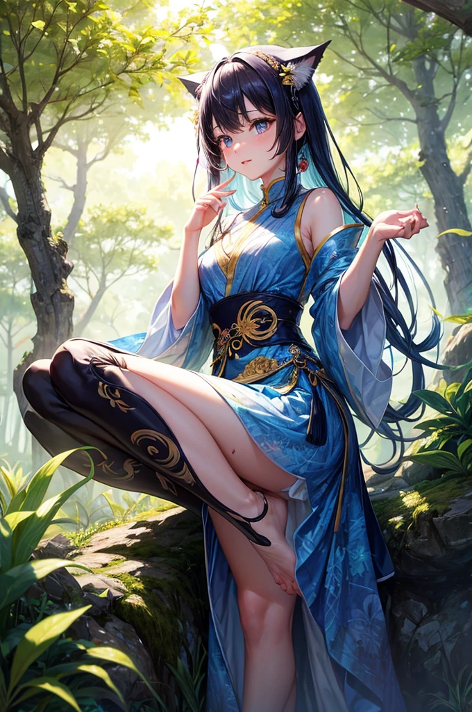 masterpiece,Highest quality,Very detailed,beautiful girl,Cheongsam with beautiful pattern,Exercise martial arts,Fearless smile, teenager,Black Hair,Beautiful and detailed eyes,skinny,Small breasts, full body,Dynamic,bamboo forest
