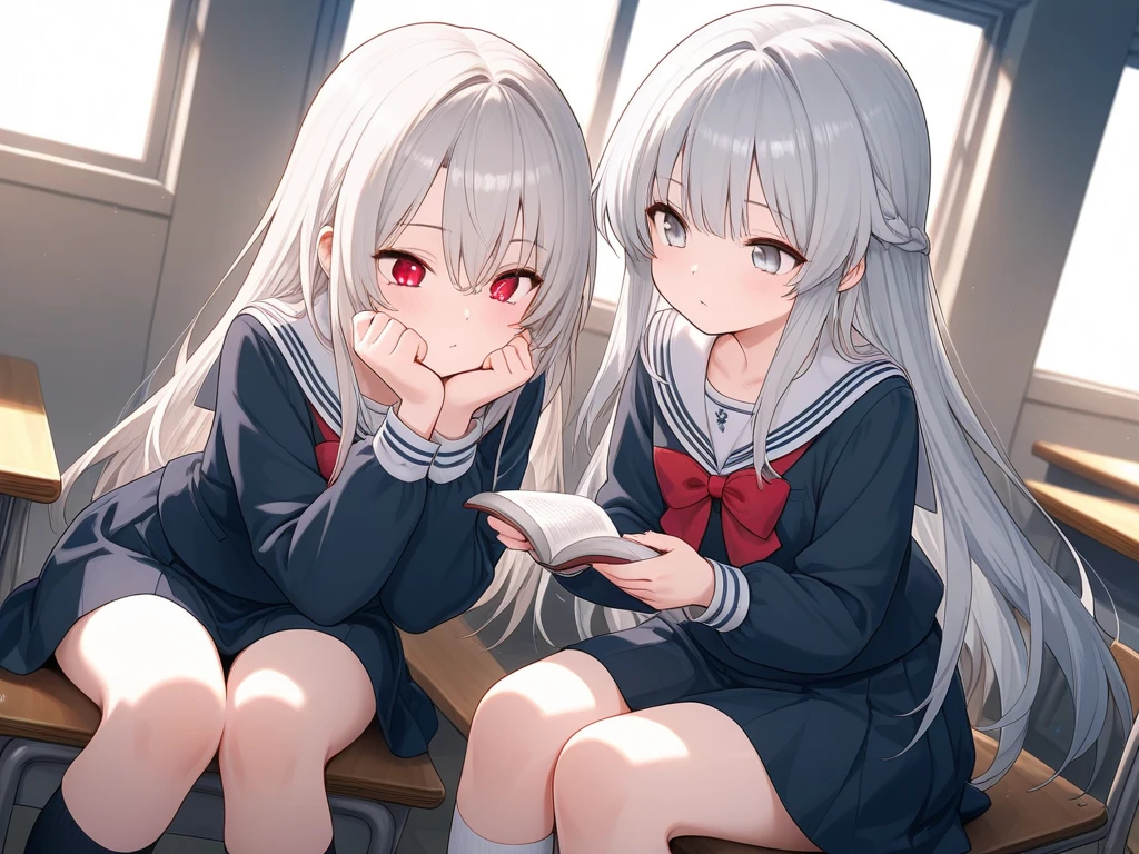 insanely detailed, absurdres, ultra-highres, ultra-detailed, best quality, 1 girl, solo, nice hands, perfect hands, BREAK, (wearing school uniform), happy smile, laugh, show teeth, closed eyes, dynamic pose, cowboy shot, looking at viewer, BREAK, slender, kawaii, perfect symmetrical face, ultra cute girl, ultra cute face, ultra detailed eyes, ultra detailed hair, ultra cute, ultra beautiful, by Canon EOS, SIGMA Art Lens 35mm F1.4, ISO 200 Shutter Speed 2000, in classroom, medium breasts, BREAK, (silver medium hair, dark green eyes)