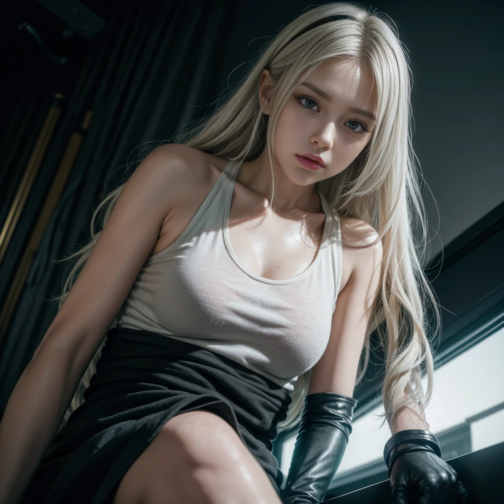 masterpiece, 8k, Award-winning photo, photoRealistic, Realistic, Very detailed, Ultra-high resolution, Ray Trakun, ///One person, The most beautiful, 20-year-old , (sexy, Japanese Idols), (Gray Hair:1.2), Long Hair, ///Human details Shiny skin , Detailed skin , Beautifully detailed face , Beautiful details , beautiful 歯, /// break (double eyelid, Droopy eyes), Mole under the eye, Natural Makeup, Natural Lip, (Brightly colored large breasts:1.2), Sunburn, ///Pose Settings (whole body:1.4), Sitting, (From below:1.2), Remember, ///background break (Black Theme:1.2), Inorganic concrete studio with windows, Blurred Background, Very detailed background, ///fashion
break (Black Theme:1.4), (Black tank top:1.4), ((Stomach, belly button):1.3), (Abdominal muscles:1.2), (possess a weapon:1.2), (Leather gloves:1.3), (Combat Boots:1.2),
break (Shorts:1.4), (waist cloth:1.5), (Dog Tags:1.3), ///Finished ultra-Realistic textures, RAW Photos,Shine,Sweat flying