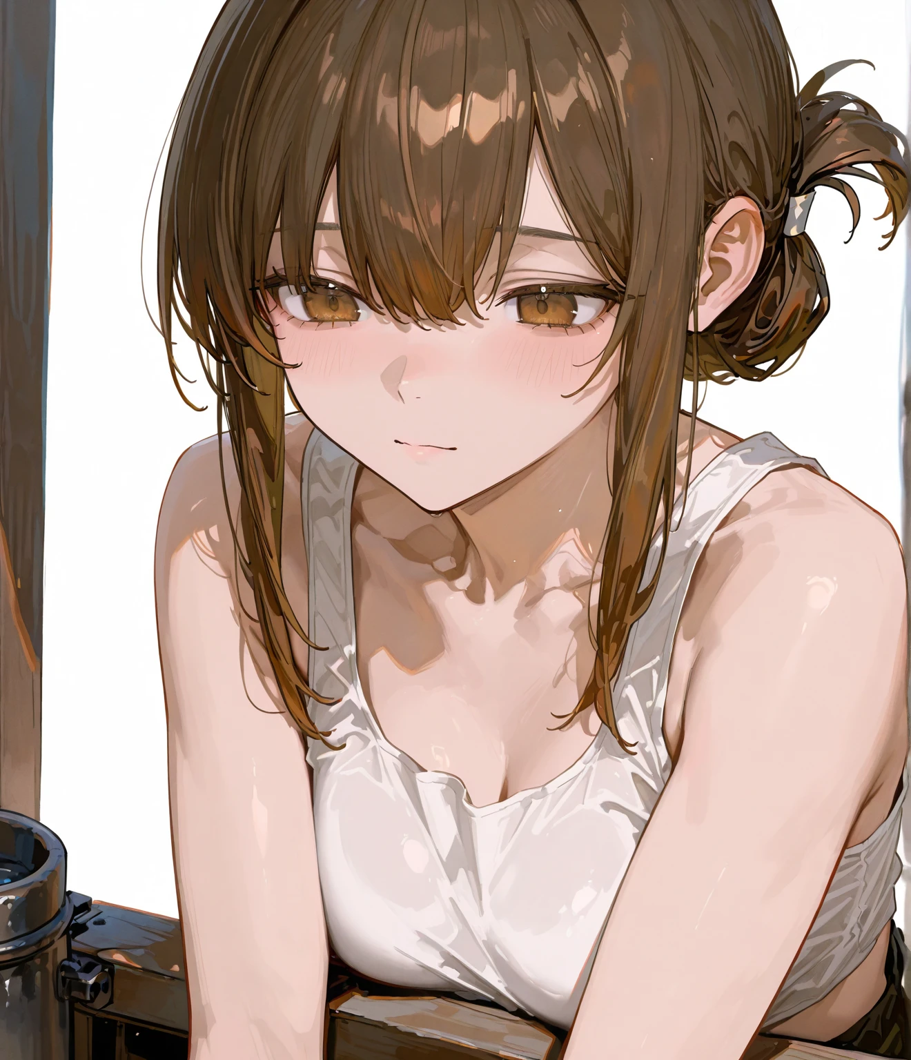 ((masuter piece、top-quality、medium close-up))、16K,textured skin, drop shadow, (Very unkempt disheveled medium hair、Close both eyes、purse your mouth、A dirty white camisole that is so tattered and torn、get blush、Slender small breasts), exposed breast、be sweaty、Beautiful breasts、Cat ears, Pale brown hair、Cute Beautiful Girl、Dirty bedroom、Slums