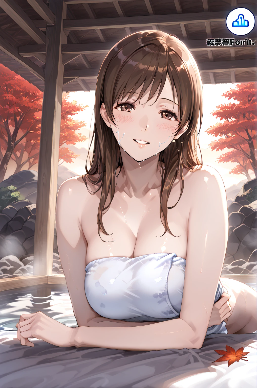 ((masterpiece, best quality, high resolution, ultra high definition, Pixel perfect, depth of field, 4K, RTX, human development report))), 1girl in, single, alone, Beauty、see whole body、 ((long hair, Short Liuhai, reddish brown hair)), ((blue eyes, beautiful eyelashes, realistic eyes)), ((Detailed face, blush:1.2)), ((smooth texture:0.75, lifelike质感:0.65, lifelike:1.1, Anime CG style)), medium breasts, Perfect body, (( Japanese Yukata,Fold skirt,Black tights)), Smile, Sitting in a hot spring in a charming position, (wind blows hair，bare shoulders、exposing her chest、Black tights) , It snows at night