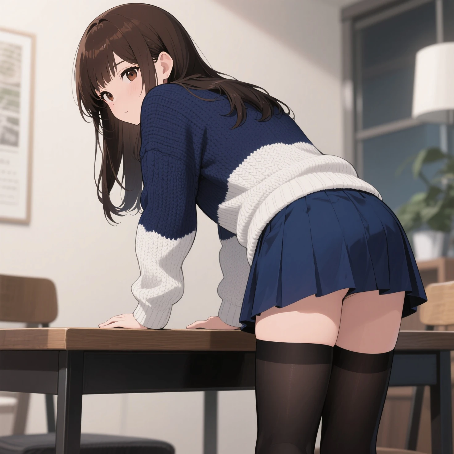highest quality, masterpiece, High resolution, (Head to Toe full body), front, frontやや下からの構図, Symmetric, Tall 18 year old girl, alone, (Head to Toe), (Small breasts), disheveled brown hair, bangs, (black tights), (Black Pantyhose), (Sit with your legs apart), (Crouching pose), (Composition showing white panties), (She has her legs spread and her white panties are visible.), (Sit on the floor with your legs spread), (M-shaped foot), Thin legs, とても美しくTall 18 year old girl, (No shoes), blush, Shy big eyes, Looking into the camera, Blazer uniform, Checkered pleated skirt