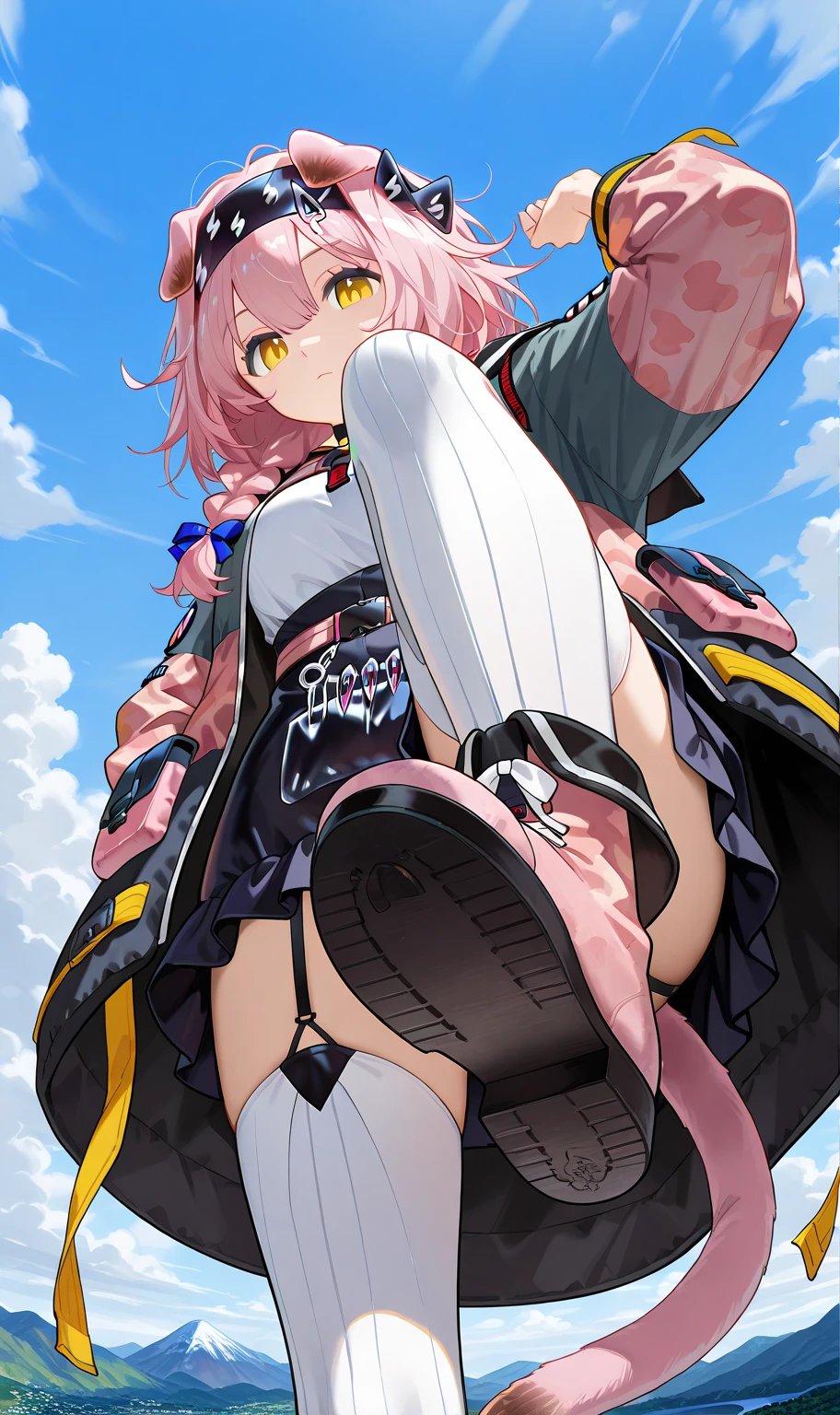 Realistic image, detailed image, 1 elf. She has silky pink hair, blue-green eyes. She wears a bolero with a short shirt. pleated miniskirt and sneakers. Medium breasts, narrow waist, wide hips and thick thighs. smiling. posing sensually. Arched back. View from below. Thong view. White background. Uniform background. Volumetric light. Ambient light.
