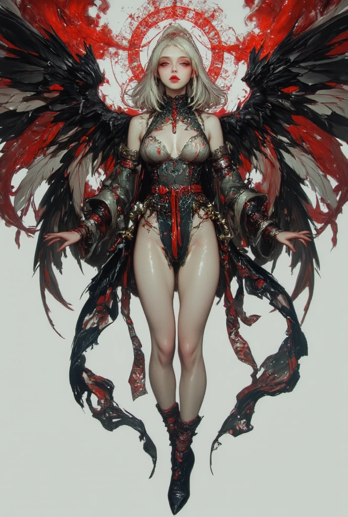 ((best quality)), ((masterpiece)), (detailed), 1girl, off-shoulder, Character design, female, dynamic poses, long white grey hair, grey white eyes, very skinny, detailed, best quality, no accesoires around the neck, no shoes, prominent collarbones, skinny arms, flat stomach, visible hip bones, full body, blank white background, plain background, white background, a beautiful goddess adorned and enshrined in armour, red and white clothing, Bloodborne inspired, occult aesthetic, occult, detailed and intricate steampunk and detailed gothic, NSFW, Very dramatic and cinematic lighting, cosmic horror, grim-dark, side-lighting, perfect face, NSFW, Fluttering lace flared long knee length dress with frilly petticoats, knee length dress, pleated petticoats, petticoats gothic, complex lace boots, side-lighting, gothic lolita aesthetic, wielding a mighty sword with mechanical components, various different types of insect wings, NSFW, full body, whole body, body, plain background, white background, blank background, no background, white background NSFW, chains, full body, whole body, head-to-toe NSFW