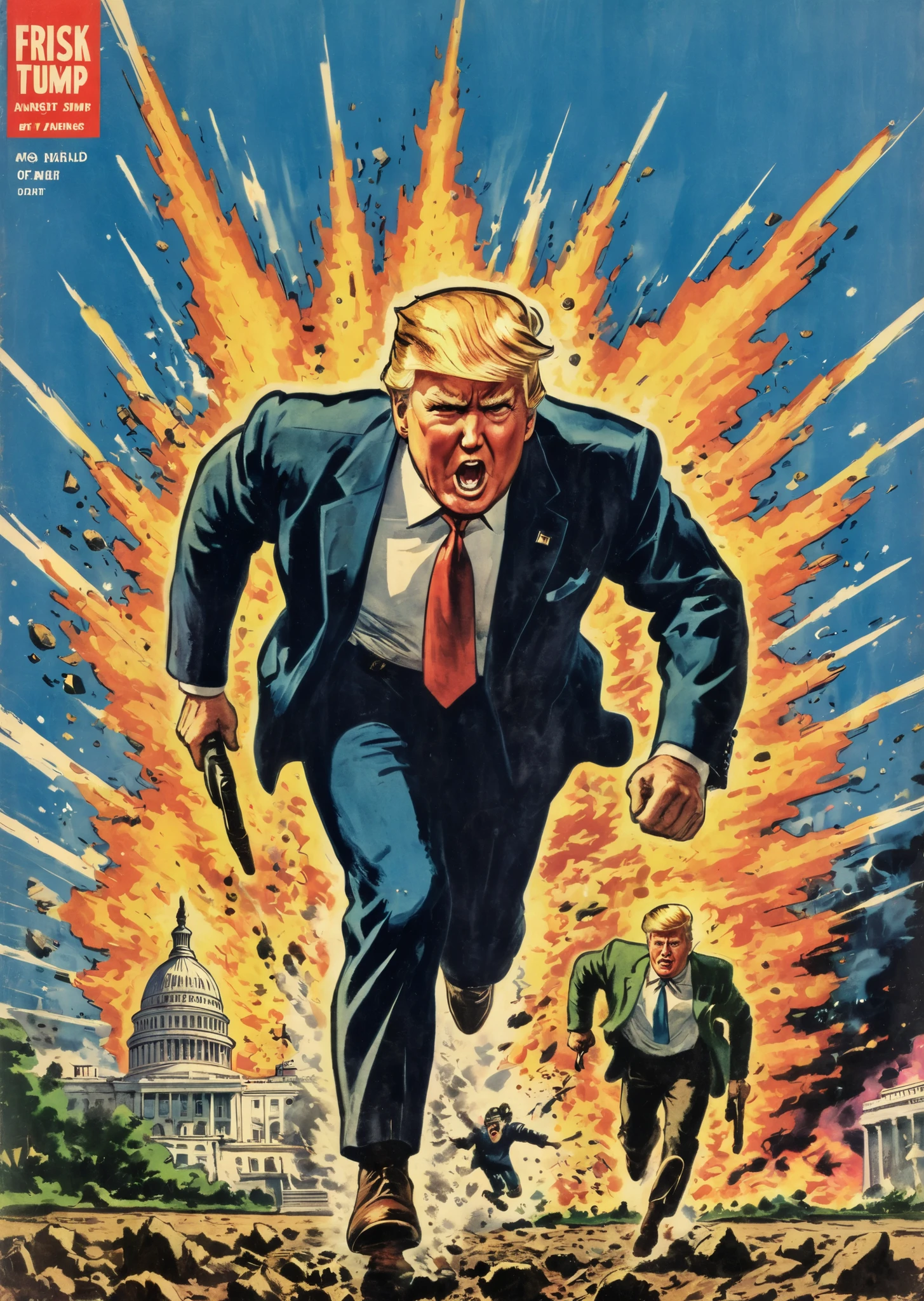 Vintage comic book cover illustration of cool Donald Trump exiting manically over the United States Capitol exploding, frisk, vintage dirt, dirt of aging,