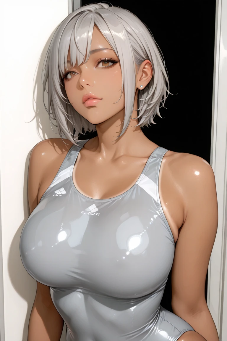 Young adult girl standing in an indoor fitness center ((hand on ass)), looking at the camera, wearing short gym tanga and tank top, ((prominent breast cleavage)) ((Wet body)), ((medium lenght bob hair waving in the air)), open mouth, perfect body, camera from the front and side, -anime, photo realistic ((bending over)) ((solo)) ((white hair)), no equipment, rim lighting, ((knee up portrait)), ((body tight)), humid environment, ((drops of water on body)), sexy posing, camera close up on breasts and face