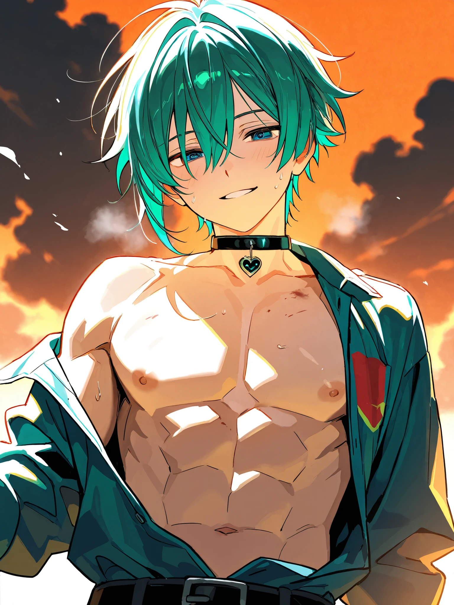 young teenage man with pale skin, completely WHITE eyes, green hair with some strands painted orange and red, no shirt, thin, slim, marked slim