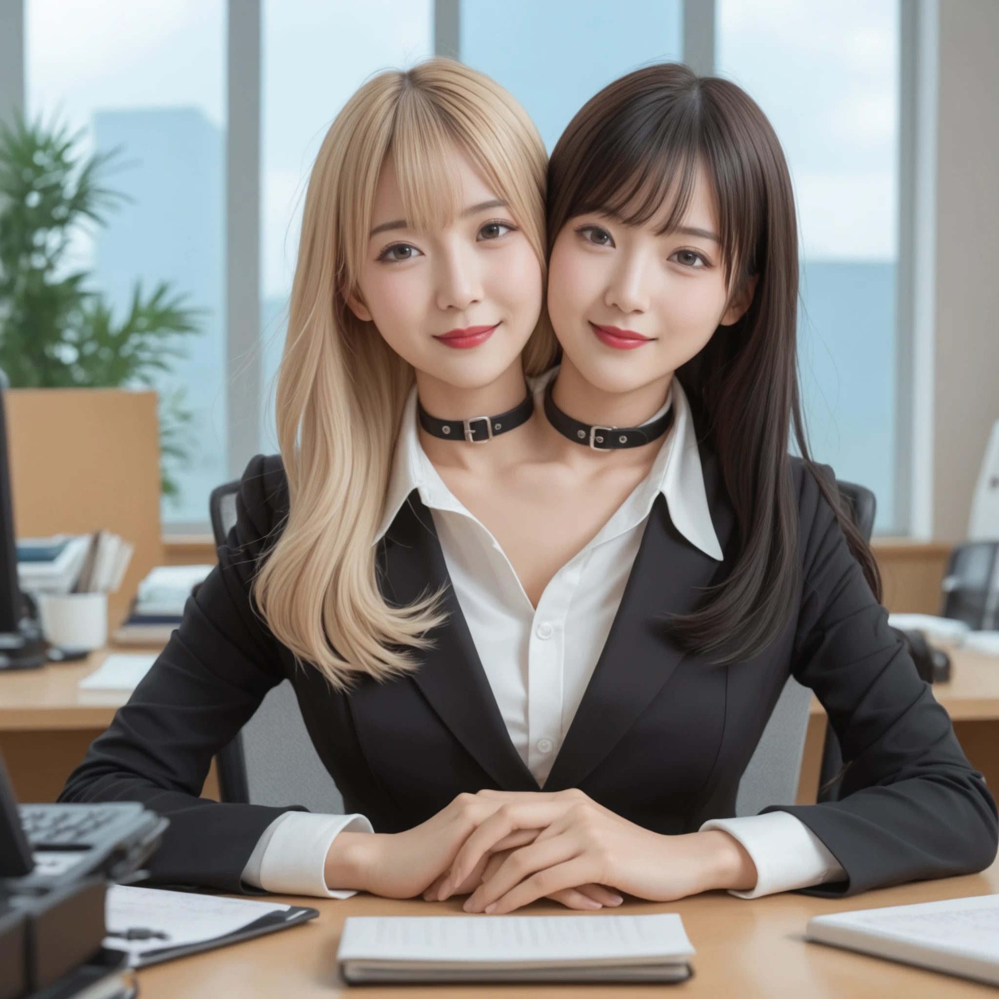best resolution, japanese woman with two heads, conjoined, closed smiles, blush, different faces, different hair colors, blonde hair, black hair, black suit, white button shirt, black overalls, lace, hands together,choker, detailed face, realism, deep red lipstick, school office table,