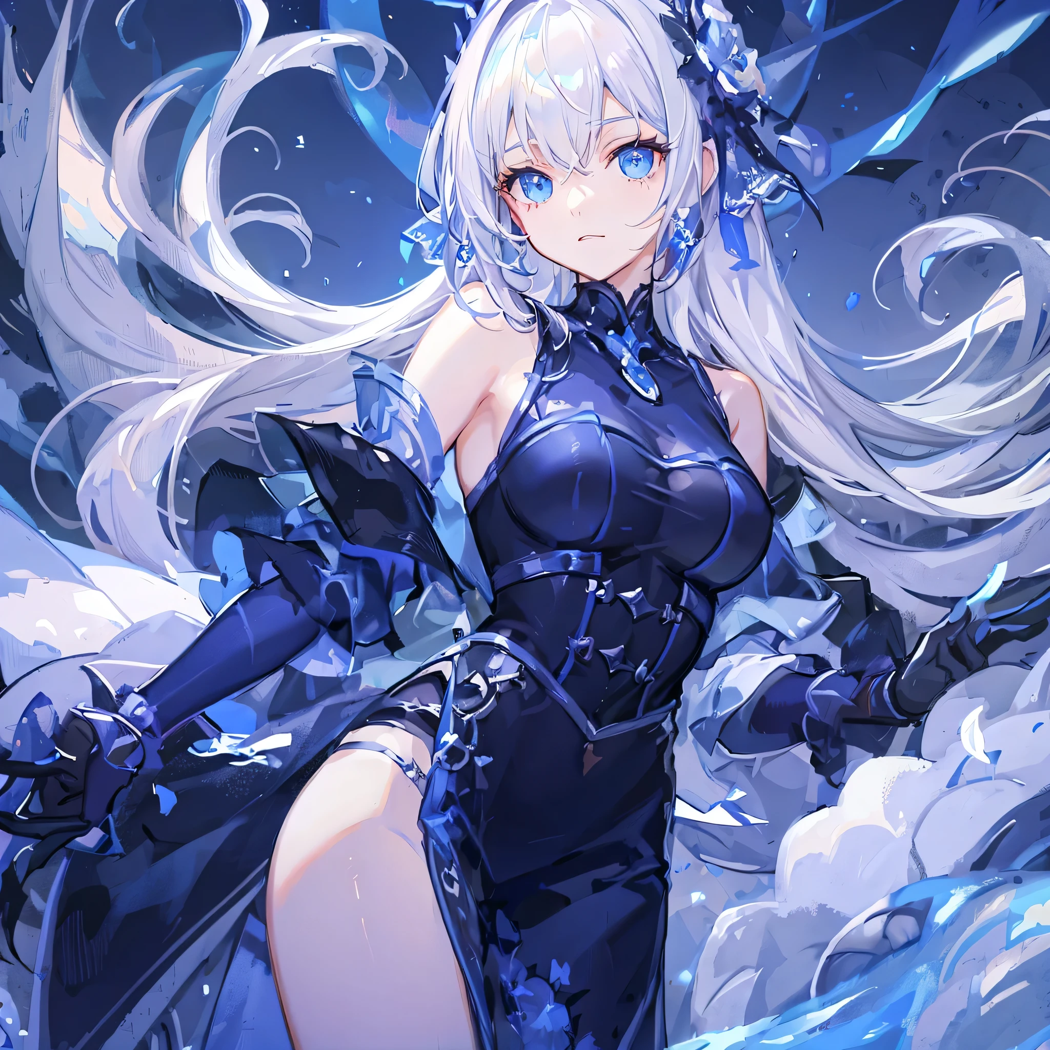 8K, Highest quality, (real:1.4), Original photo, 1 girl, Asari Hair, Biological Amplifier, Very sleek and futuristic armor, posture: Peace talks between warring factions,,attention arousal, smart blue eyes,A modest smile,Knee-high boots,Blue big moon and blue light swirl in the background,Blue light from behind,blue light magic,A small, glowing blue ball in the palm of your hand,Blue flame swirl