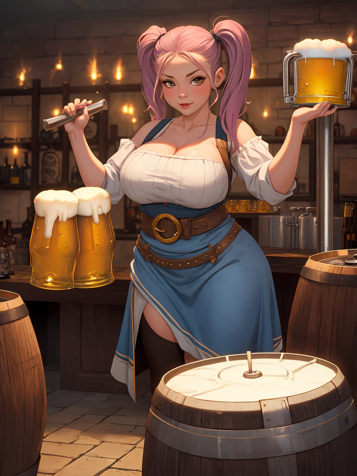Perfect face. Perfect hands. A light purple haired cowgirl with green eyes and an hourglass figure in a conservative cowgirl outfit is drinking in a saloon with a big smile