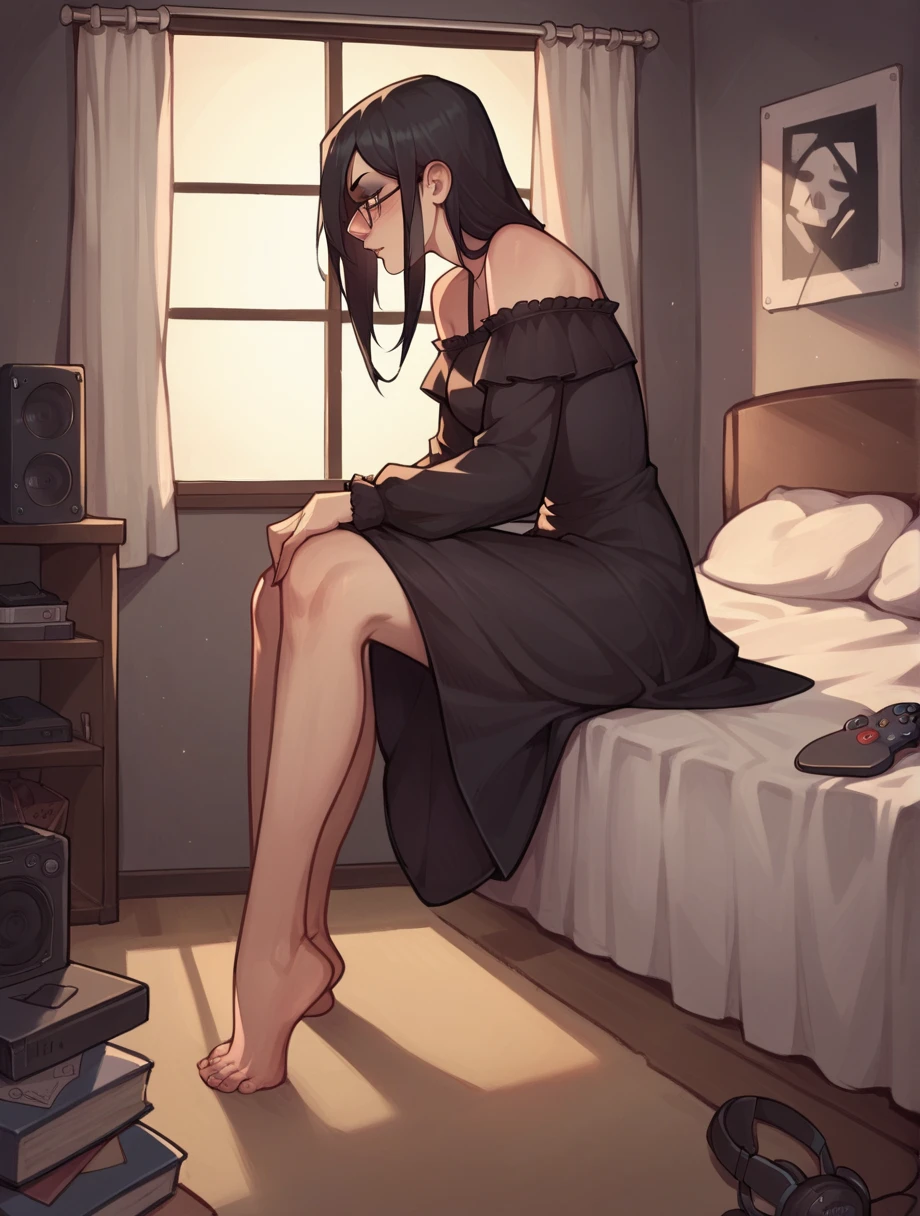 Girl sitting in the frame of a wind, semi inclined, stiff legs, his left hand hugging his left leg, his right hand with a cigarette, scuffed pajama pants, bare feet, (bare torso, weight loss), black fur, semi long, room illuminated by a dim light, the moon illuminated the outside of the city