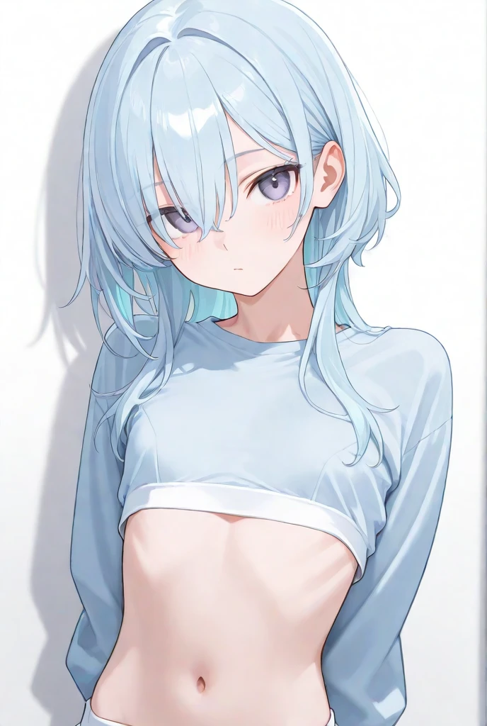 ((Girl with protruding ribs:1.4))、(flat chest:1.2),(skinny body:1.3)、Blushing、To blush、Thick eyes、((痩せている:1.3))、white hair, long hair, ((hair over one eye))、messy hair、((Double teeth))、((Larger clothes:1.3))、Beautiful eyes、(ミニスカート:1.5), 頬を膨らませる, ((naughty face:1.2))、pastel colors theme, ハーフツイン、ハーネス