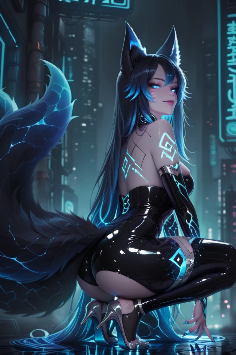 View from below, angle from below Girl Android demonic gloomy with long blue hair woman with sexy hips half cyborg modification Beautiful fur blue eyes stands at full height Anime Style black background Cyberpunk style, black background image of night black city and blue neon lights fluorescent lamps