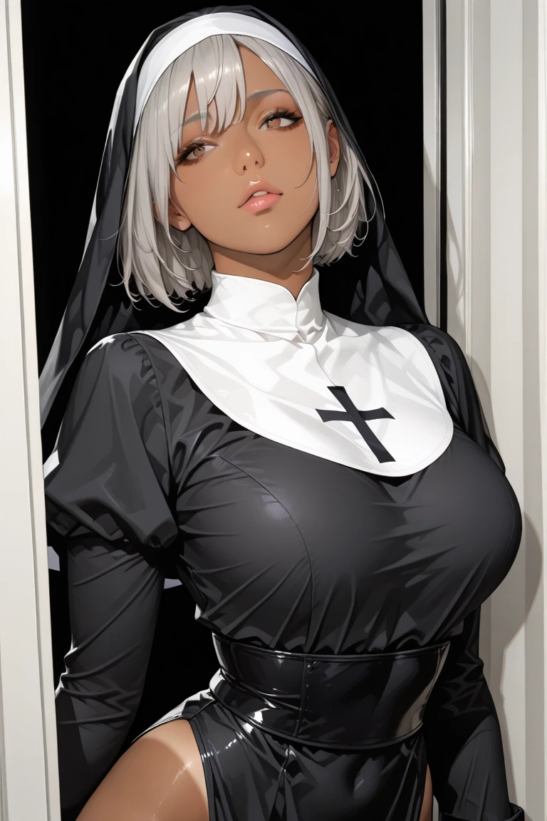 figure, nun, sexy pose, big breasts, curvy, smile, bob haircut, lace lingerie