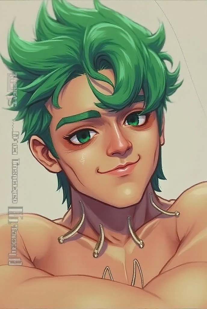 male、16age、A blank face、Clown style、Slicked back hair、My hair is stuck to my skin、Green Hair、A jacket that gives a glimpse of your chest、Full body tattoos、Tattoo on chest、Tattoos on the face、Tattoo on arm、funny Face、
