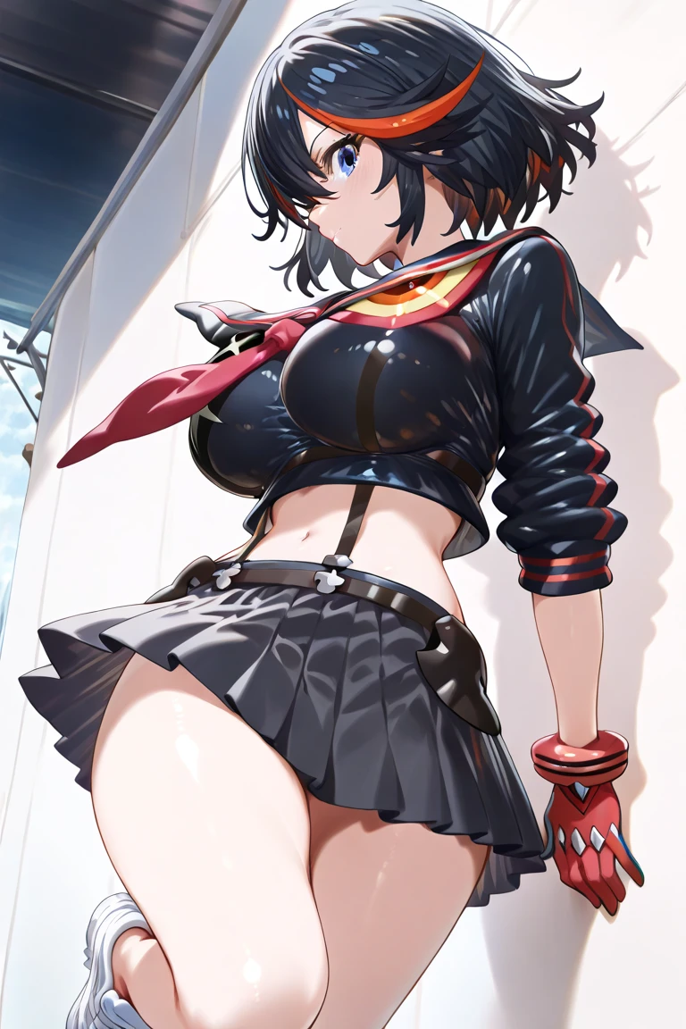 (Masterpiece), (Best Quality), Ultra High Definition, Professional Artwork, Ultra Detailed, Complex, Detailed Face, Perfect Lighting, 1girle, Solo, Sakura Kasugano, Brown Eyes, Brown Hair, Short Hair, Bangs, Ahoge, Katyusha, Serafuk, Puffy Sleeves, Crop Top, Yellow Neckerchief, Pleated Skirt, Fingerless Gloves, Thighs, White Socks, Red Footwear, Fighting Stance, Punching, Light muscles, foot focus, cowboy shot, from below, (50mm), (high accuracy: 1.2), (face detail: 1.2), detail,_ eye, (gradient), (ambient light: 1.3), (film composition: 1.3), (JC: 1), accent lighting, high definition cg unity 8k wallpaper, original, hdtv, (perfect_anatomy: 1.2), solo, Wide shots, torn clothes, tattered clothes, disheveled hair, tired and weak face, bleeding lips, (perfect body, perfect, perfect thighs), wet body, sweaty body, dirty and bloody skin, bruises on the face and body, blood flowing from head and face, injuries, damage, muddy feet, muddy skin, dirty, muddy, complex and cinematic appearance, cinematic soft light, sharp focus
