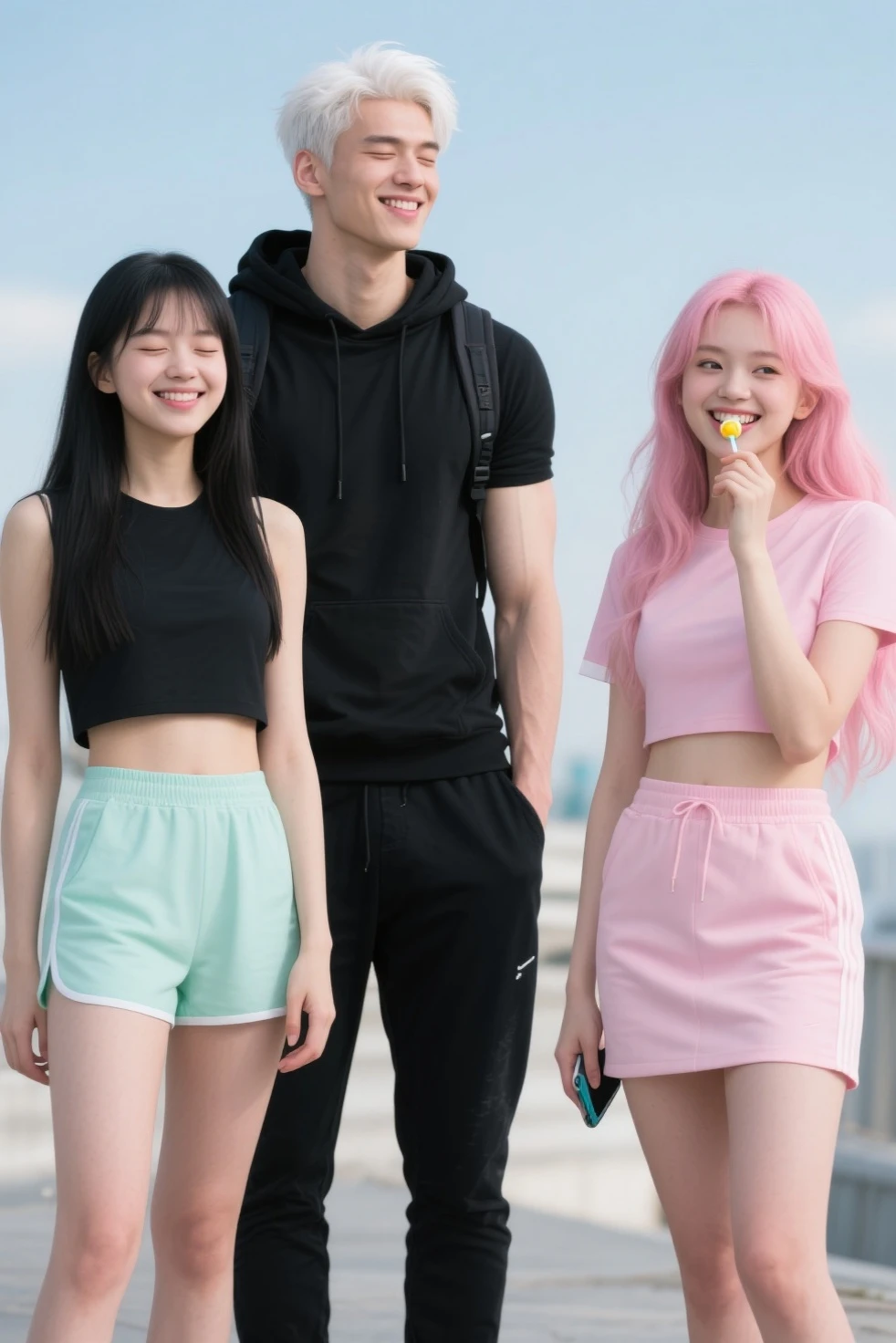 Couples on the playground and the boyfriend in a light green shirt and blue shorts and the girlfriend in a light pink top and light pink shorts