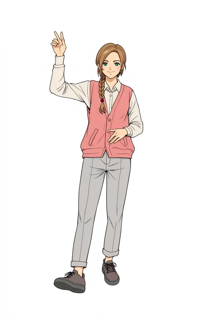 Pretty Girl, beautiful side braid, long hair, casual, minimalist clothing , THIN GIRL, good anatomy ,cute bangs, comfortable clothing, manga anime, High Quality, elegant jacket , pastel colors , winter outfit, aesthetic , smile, clothes casual ,high resolution, Detail ,sneakers, slightly elegant