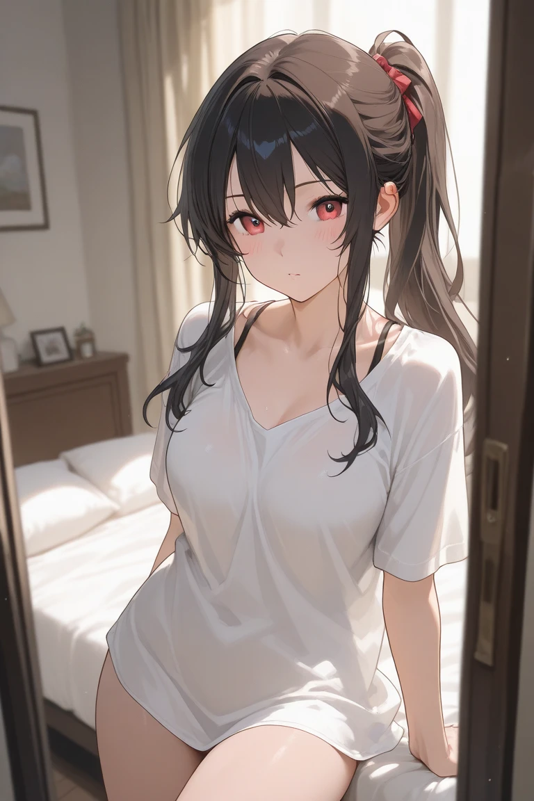 kurumitokisaki, tokisaki kurumi, black hair, low twintails, (hair over one eye:1.5), (red eyes:1.2), (small breast:1.2), BREAK thighhighs, hat, cleavage, white thighhighs, nurse cap, nurse, tokisaki kurumi, BREAK looking at viewer, BREAK indoors, bed, bedroom, BREAK (masterpiece:1.2), best quality, high resolution, unity 8k wallpaper, (illustration:0.8), (beautiful detailed eyes:1.6), extremely detailed face, perfect lighting, extremely detailed CG, (perfect hands, perfect ???????),
