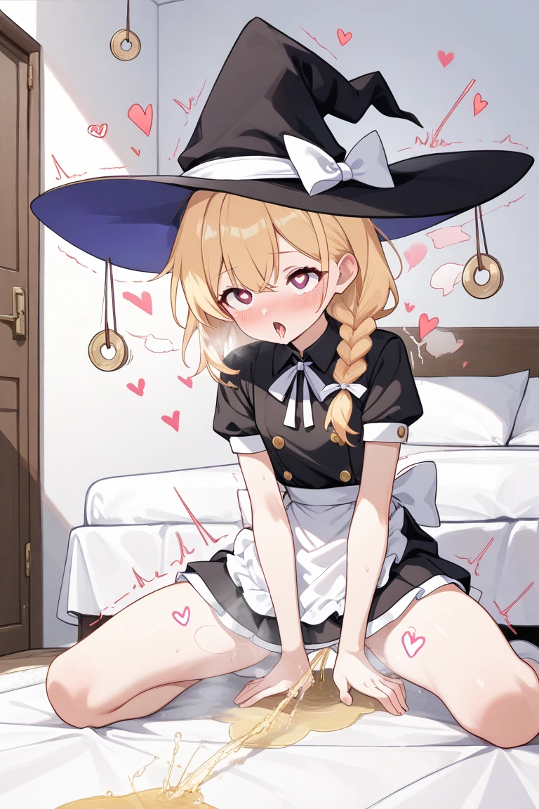 girl trembling with sexual climax,(nsfw), (1girl), (omorashi), relax, steam, heart shaped pupils, middle hair, witch, blond hair, peeing, hypnosis, bedroom, single braid, witch hat, white ribbon, black skirt, black shirt, short sleeves, waist apron, white sleeves